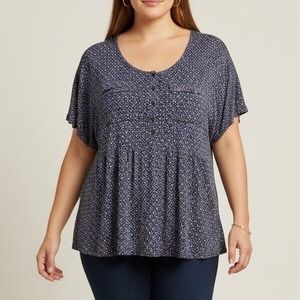 Cocomo Woman Blue Geometric Print Peplum Top Plus Size 2X Short Sleeve Button Up